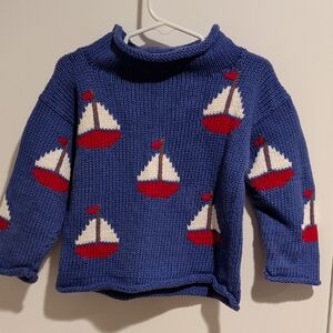 Blue Knit Sweater with Red & White Sailboat Motif